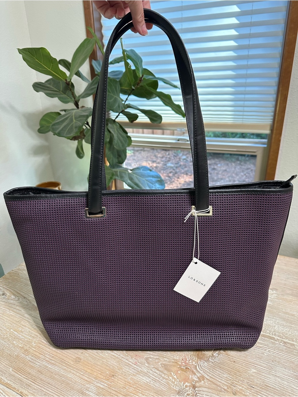 NWT Lo & Sons Seville 15” Perforated Leather Laptop Tote Bag Purple